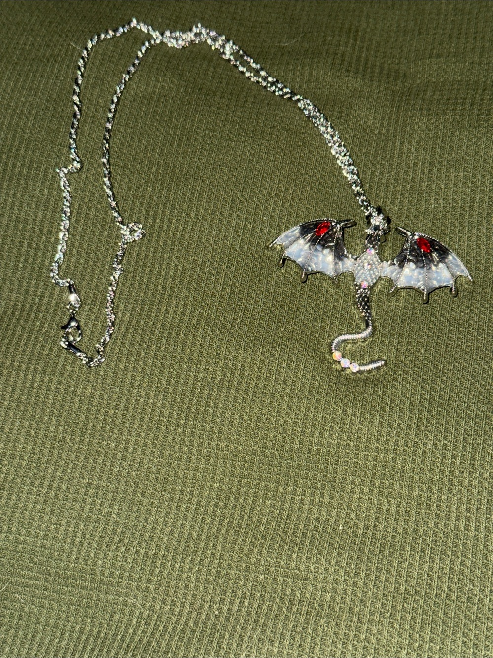 Silver Dragon Wing Pendant Necklace with Red Accent - Women Jewelry